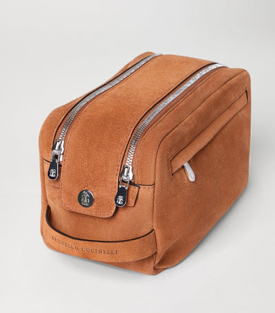 Suede Wash Bag with Zip Fastening and Side Handle, Approx. 13x23x12cm