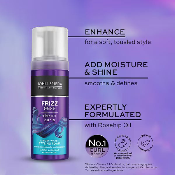 John Frieda Frizz Ease Air-Dry Waves Styling Foam 150ml, imported from the UK
