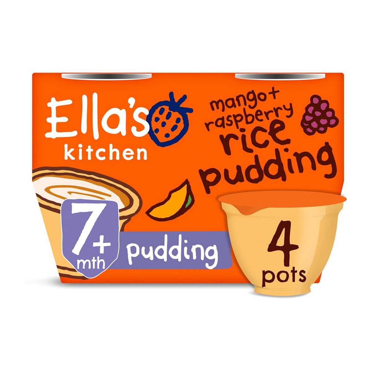 Ella's Kitchen Organic Mango + Raspberry Rice Pudding Multipack Pot 7+ Mths 4 x 80g