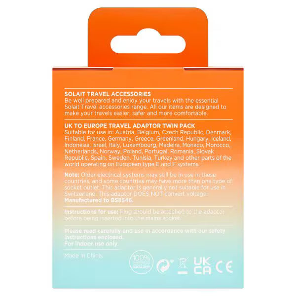 Solait UK to EU travel adapters X2 (British brand)