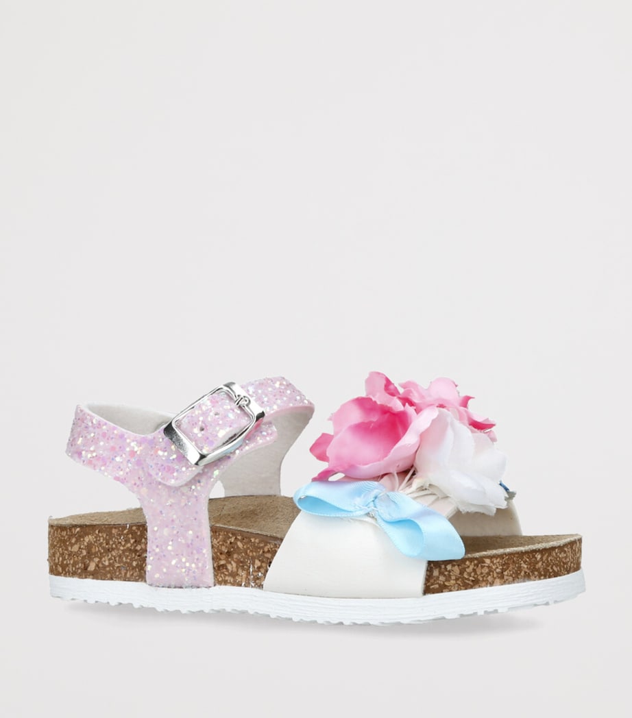 Monnalisa floral appliqué sandals for children with cork sole, imported from the UK