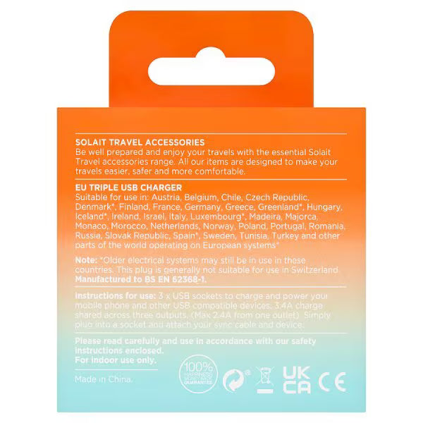 Solait EU Triple USB Charger travel adapter (British brand)