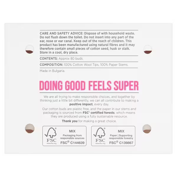 Superdrug Cotton Paper Buds 80 Pack Biodegradable Paper Stems (British brand)