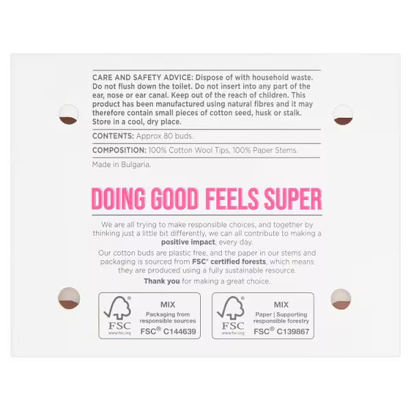 Superdrug Cotton Paper Buds 80 Pack Biodegradable Paper Stems (British brand)