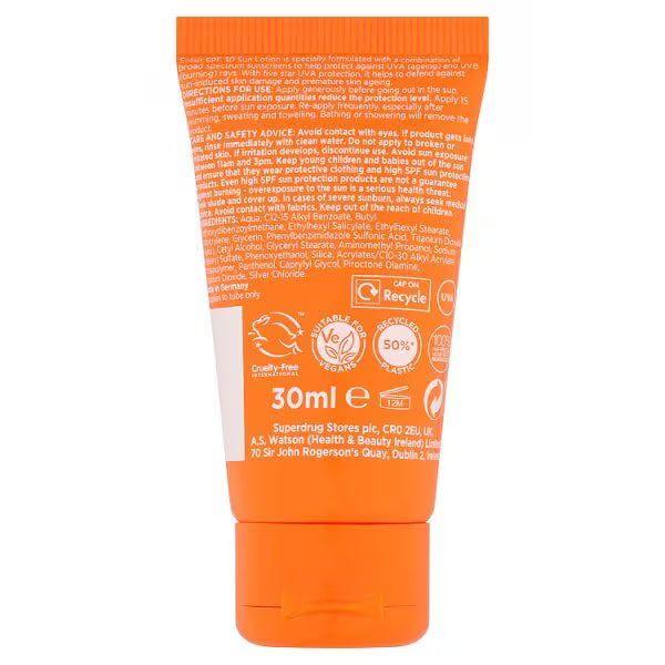 Solait sun lotion SPF 30 30ml product packaging (British brand)