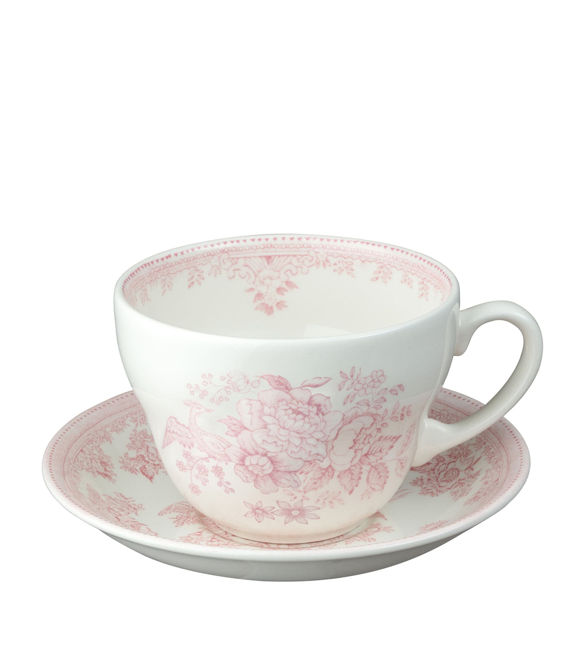 Burleigh Pink Asiatic Pheasants porcelain breakfast cup and saucer set - British product