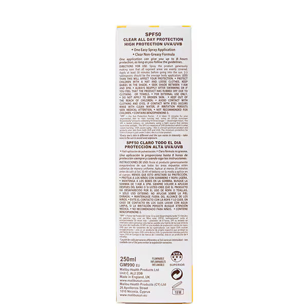 Malibu SPF 50 Clear Protect Spray 250ml, imported from the UK