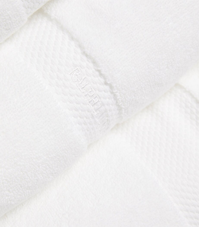 Ralph Lauren bath towel with woven stripe and embroidery, 75cm x 137cm, imported from the UK