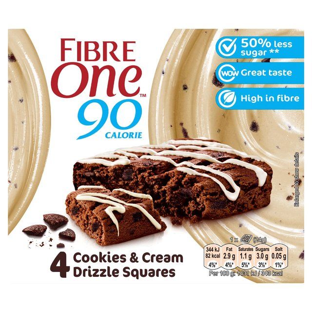 Fibre One 90 Calorie Cookies &amp;amp; Cream Drizzle Squares   4 x 24g