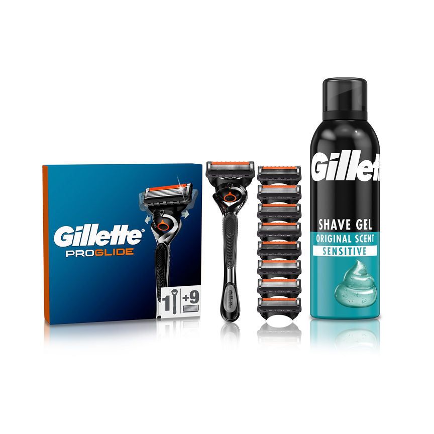 Gillette ProGlide Razor + 9 Blades &amp;amp; Sensitive Shave Gel Bundle