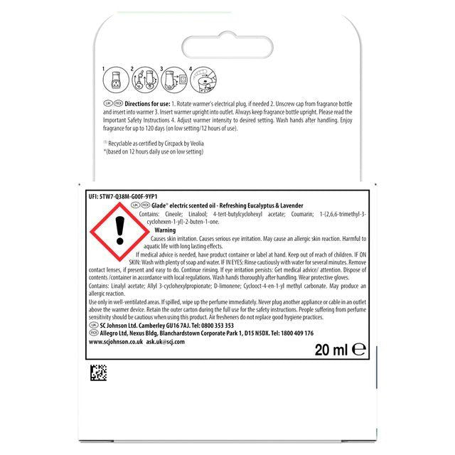 Glade Plug In Holder &amp;amp; Refill Electric Scented Oil Eucalyptus &amp;amp; Lavender   20ml