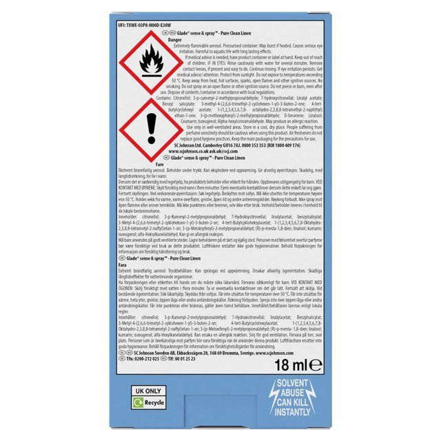 Glade Sense &amp;amp; Spray Holder &amp;amp; Refill Clean Linen Air Freshener   18ml