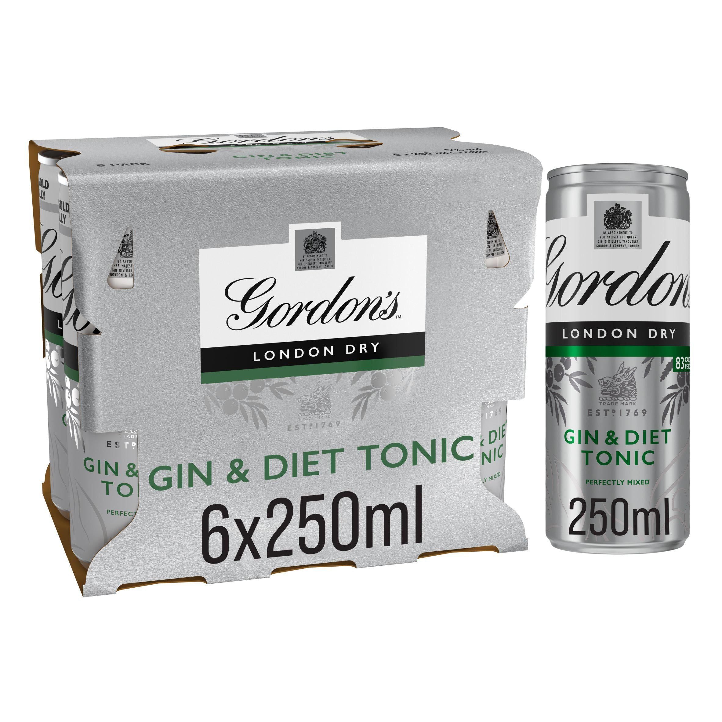 Gordon's London Dry Gin &amp;amp; Diet Tonic Ready To Drink 5% Vol Cans 6x250ml