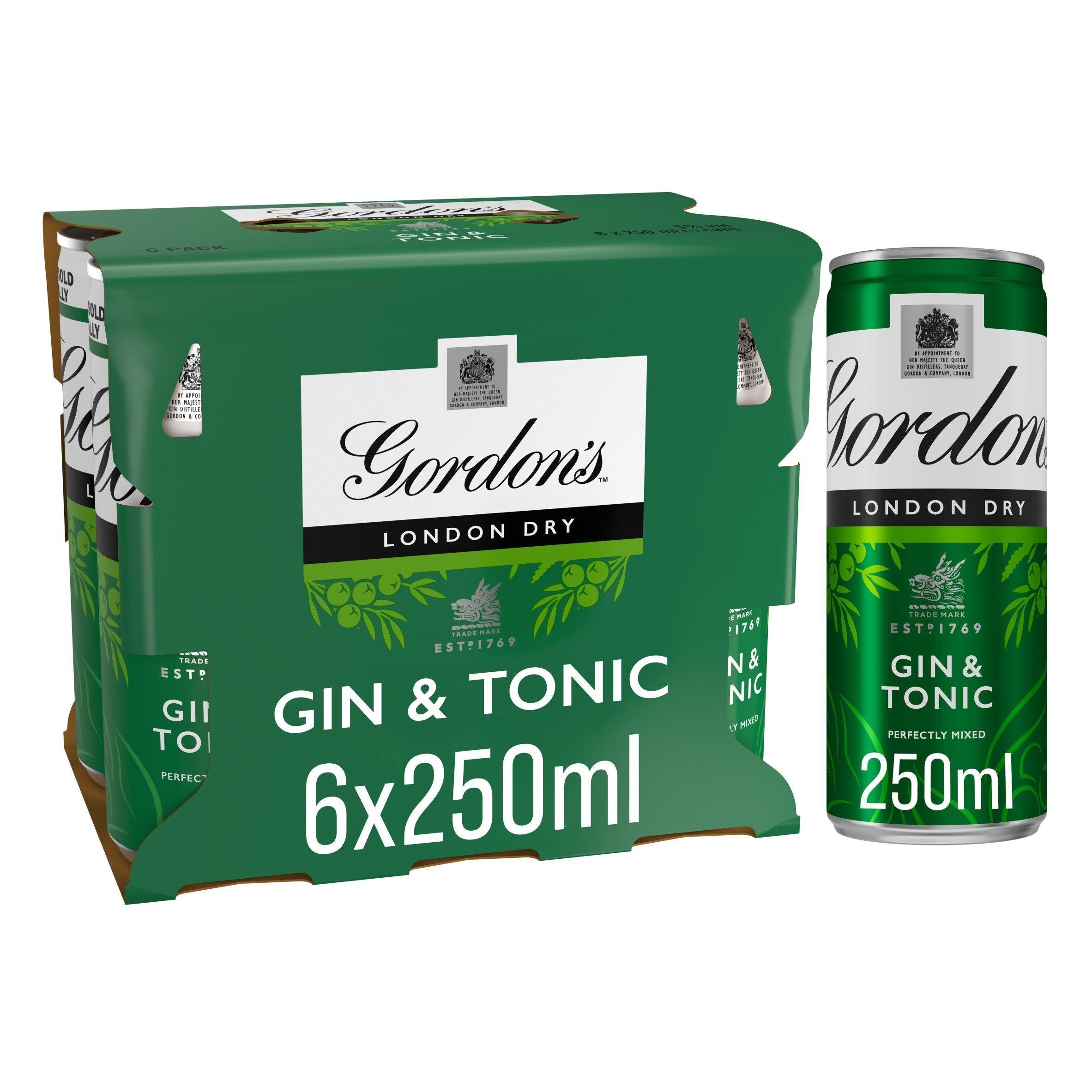 Gordon's London Dry Gin &amp;amp; Tonic Ready To Drink 5% Vol Cans 6x250ml