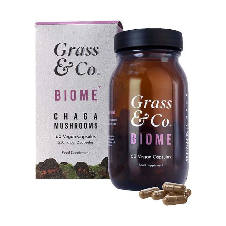 Grass &amp;amp; Co. BIOME Chaga Mushrooms with Curcumin + Ginger 60 Vegan Capsules