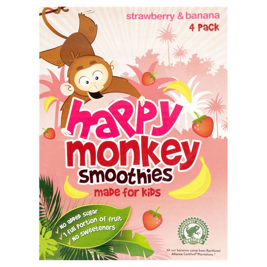 Happy Monkey Strawberry &amp;amp; Banana Smoothies 4 x 180ml
