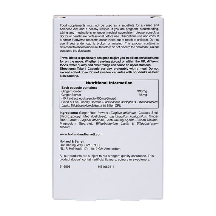 Holland &amp;amp; Barrett Travel Biotic Live Friendly Bacteria + Ginger 30 Capsules