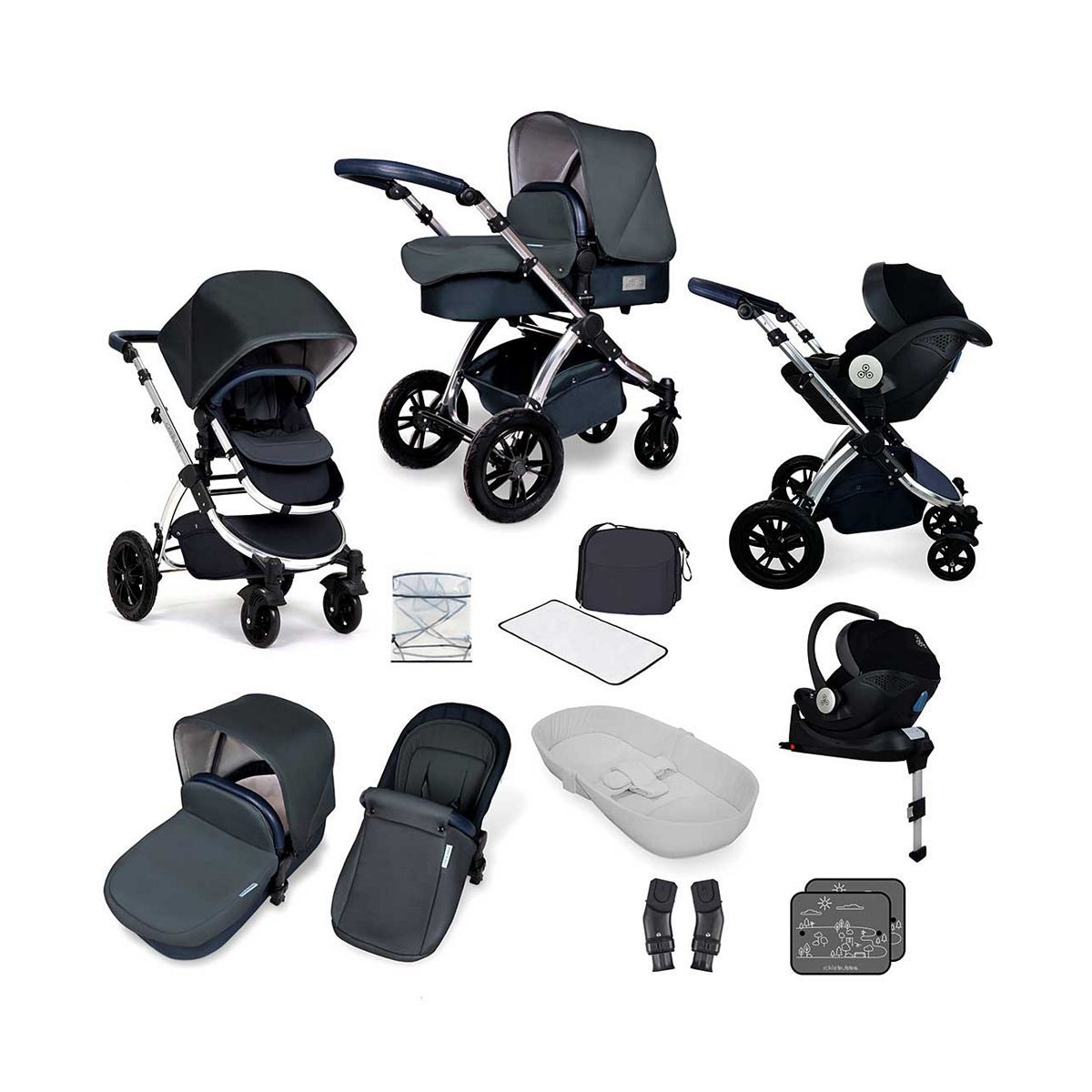 Ickle Bubba Stomp V4 i-size travel system with mercury car seat &amp;amp; isofix base chrome/blueberry