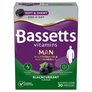 Bassetts Men Multivitamin Pastilles Blackcurrant 30 pack, imported from the UK
