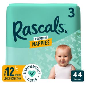 Rascals Premium Nappies Size 3 44 Pack, imported from the UK