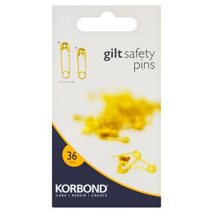 Korbond gilt safety pins assorted sizes 36, UK version