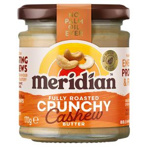 Meridian Crunchy Cashew Nut Butter 170g Glass Jar, imported from the UK