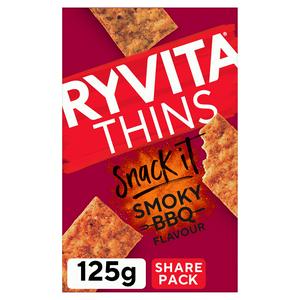 Ryvita Snack It Thins Smoky BBQ 125g, imported from the UK