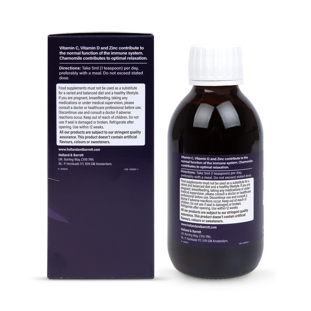 Elderberry Night-Time Immune Support Liquid with Vitamins C & D, Zinc and Chamomile 200ml