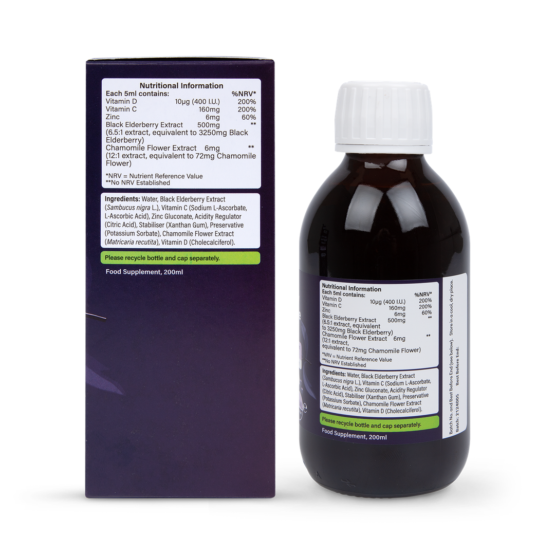 Elderberry Night-Time Immune Support Liquid with Vitamins C & D, Zinc and Chamomile 200ml