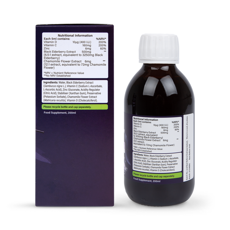 Elderberry Night-Time Immune Support Liquid with Vitamins C & D, Zinc and Chamomile 200ml