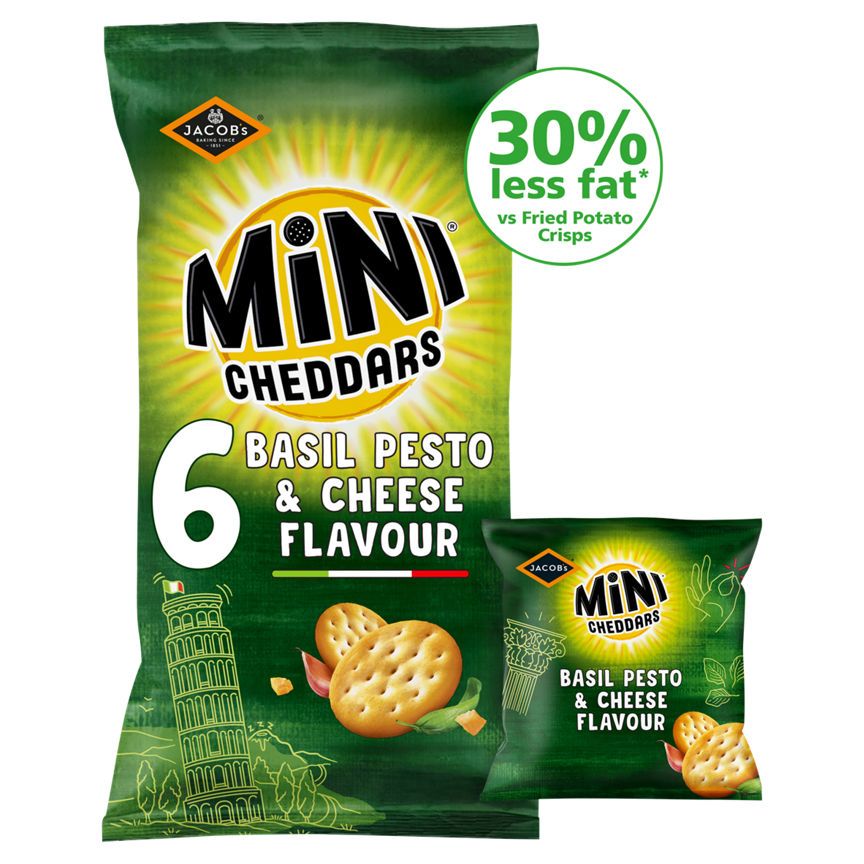 Jacob's Mini Cheddars 30% Less Fat Basil Pesto &amp;amp; Cheese Baked Snacks Multipack 6x17g