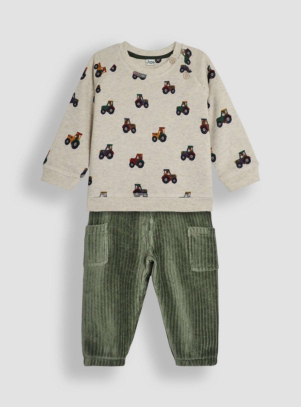 JOJO MAMAN B&amp;Eacute;B&amp;Eacute; Tractor Print Sweatshirt &amp;amp; Velour Cargo Jogger Set Up To 3 mths