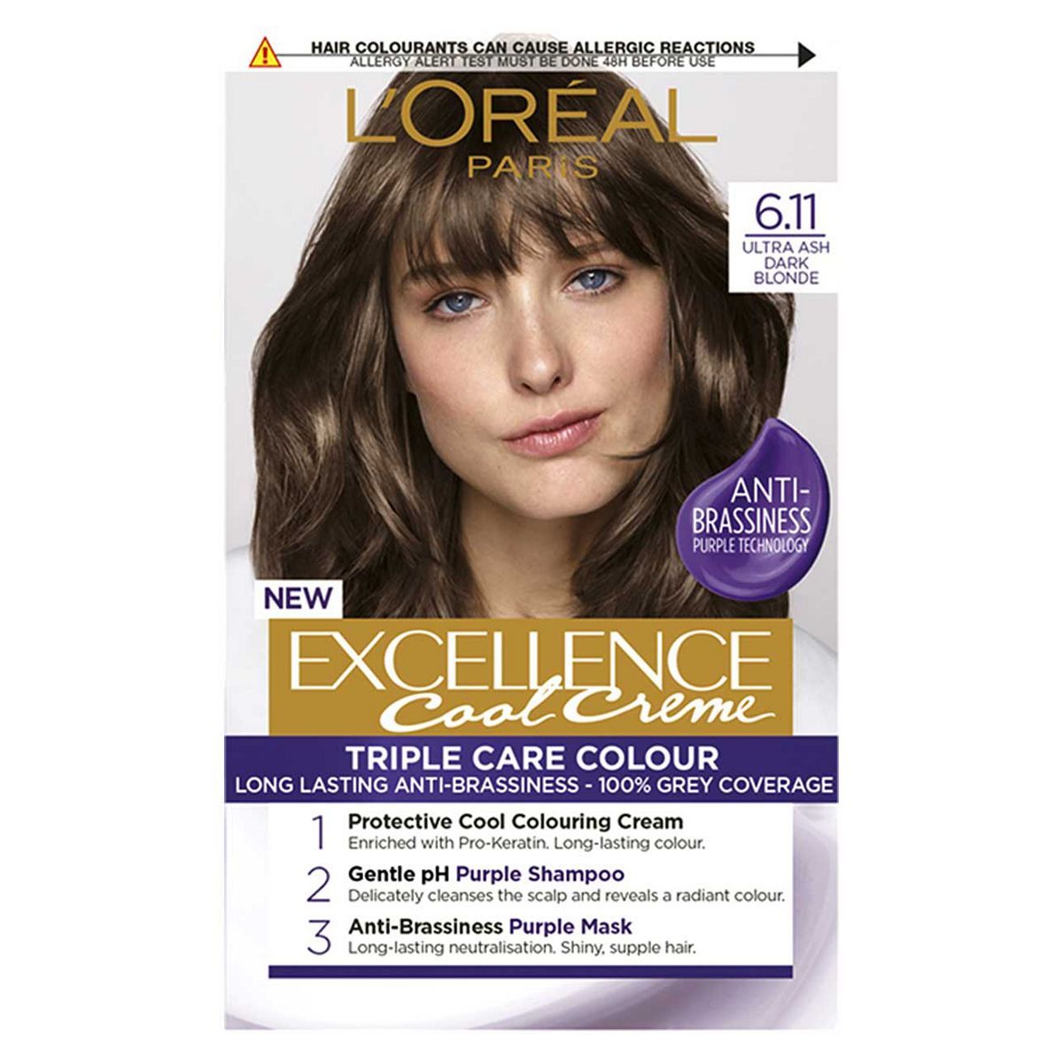 L&amp;rsquo;Or&amp;eacute;al Paris Excellence Cool Cr&amp;egrave;me Permanent Hair Dye, Long-lasting Anti-Brassiness Colour, 6.11 Ultra Ash Dark Blonde