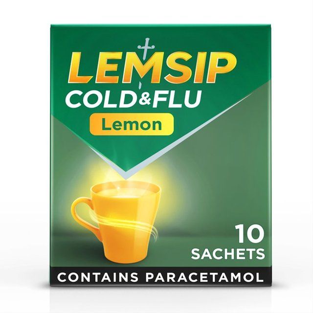 Lemsip Cold &amp;amp; Flu Lemon Sachets Paracetamol Sore Throat   10 per pack