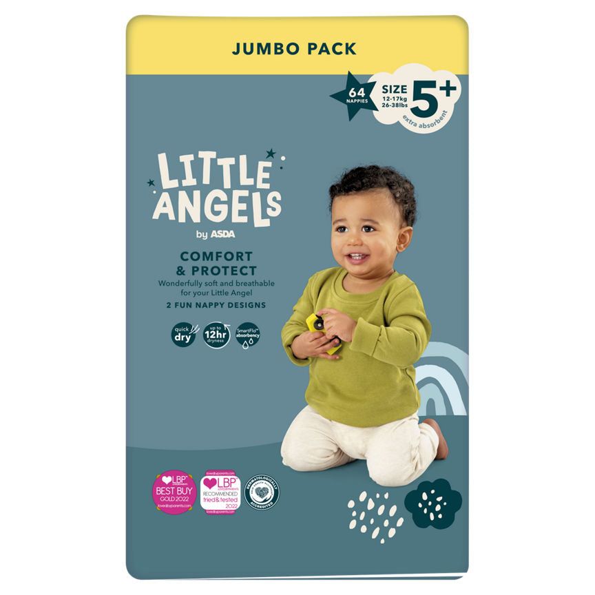 LITTLE ANGELS by ASDA Size 5+ Comfort &amp;amp; Protect Jumbo Pack 64 Nappies
