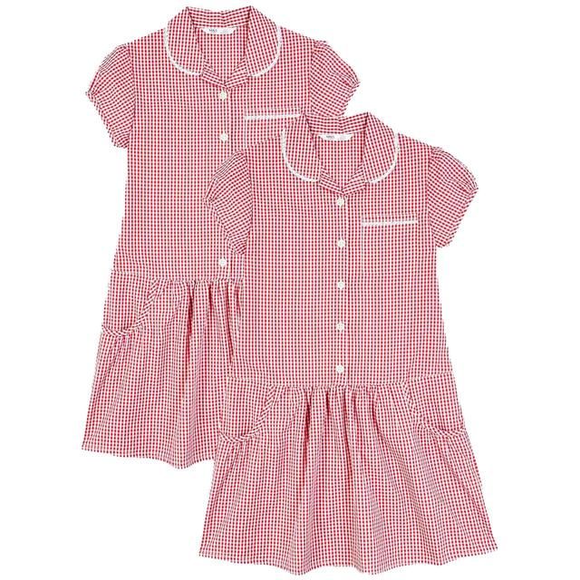 M&amp;amp;S 2pk Girls' Cotton Gingham School Dresses 4-10 Years Red