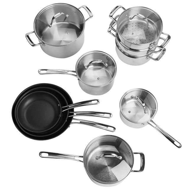 M&amp;amp;S 3 Piece Stainless Steel Pan Set Silver