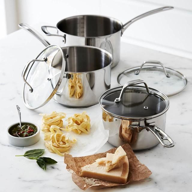 M&amp;amp;S 3 Piece Stainless Steel Pan Set Silver