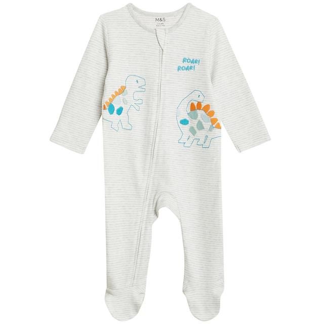 M&amp;amp;S Collection 2 Pack Pure Cotton Dinosaur Sleepsuits Grey Mix 0-3 Years
