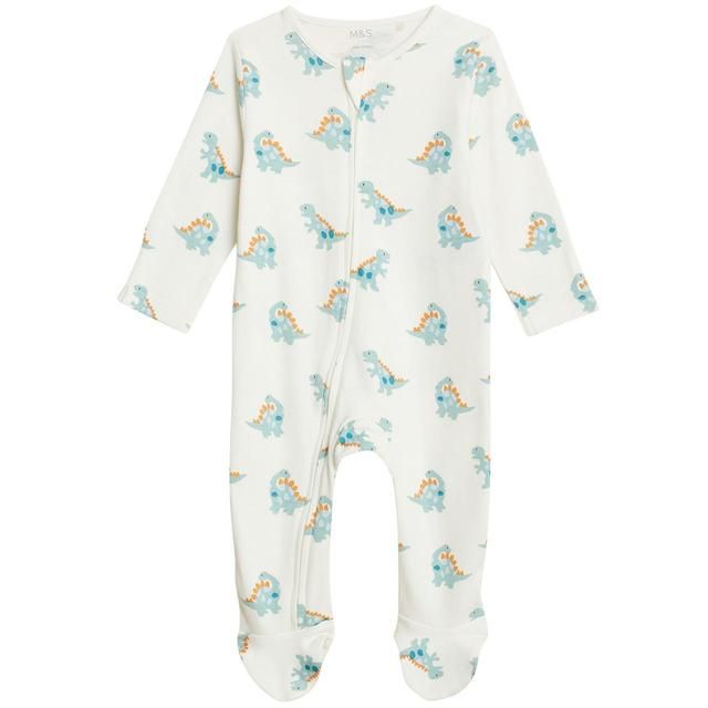 M&amp;amp;S Collection 2 Pack Pure Cotton Dinosaur Sleepsuits Grey Mix 0-3 Years