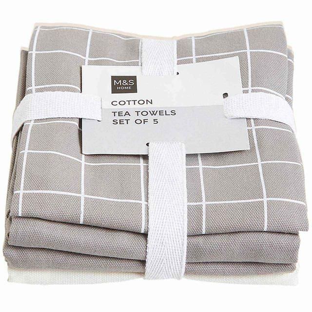 M&amp;amp;S Collection Set of 5 Printed Tea Towels One Size Mid Grey   5 per pack