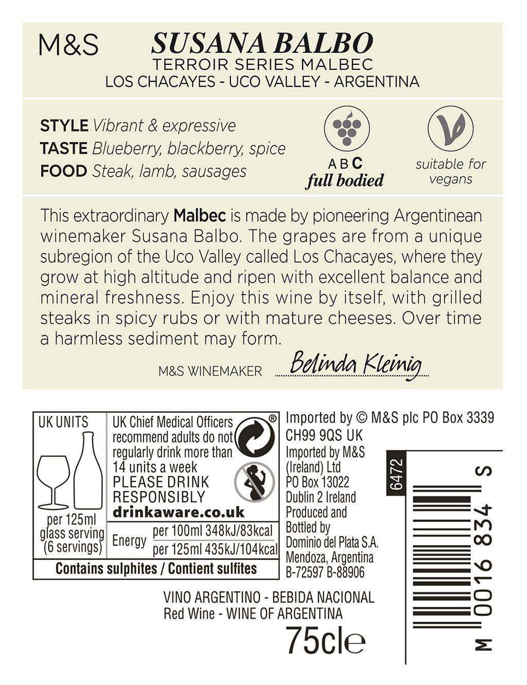 M&amp;amp;S Collection Susana Balbo Malbec - Case of 6