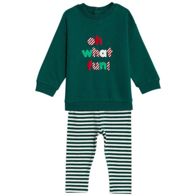 M&amp;amp;S Cotton Oh What Fun Slogan Outfit 0-3M Green