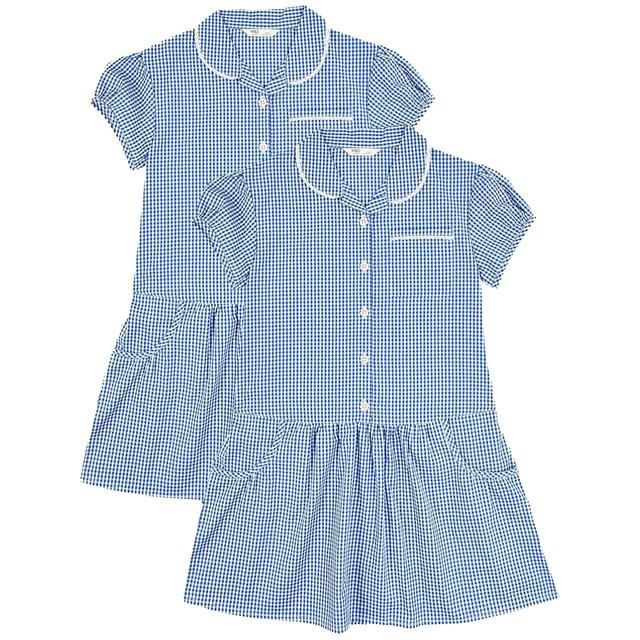 M&amp;amp;S Girls Cotton Gingham School Dresses '5-6 Years Mid Blue   2 per pack