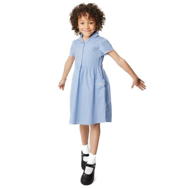 M&amp;amp;S Girls Pure Cotton Gingham School Dress 4-10 Years Light Blue