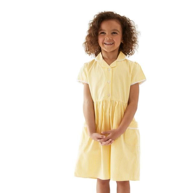 M&amp;amp;S Girls Pure Cotton Gingham School Dress 4-10 Years Yellow