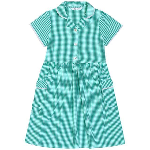 M&amp;amp;S Girls Pure Cotton Gingham School Dress Green 3-12 Years Green