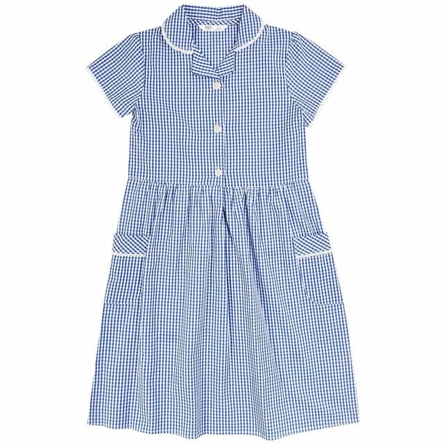 M&amp;amp;S Girls Pure Cotton Gingham School Dress Mid Blue 3-12 Years
