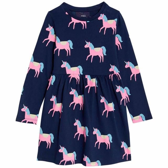 M&amp;amp;S Printed Dress 2-8 Years Navy