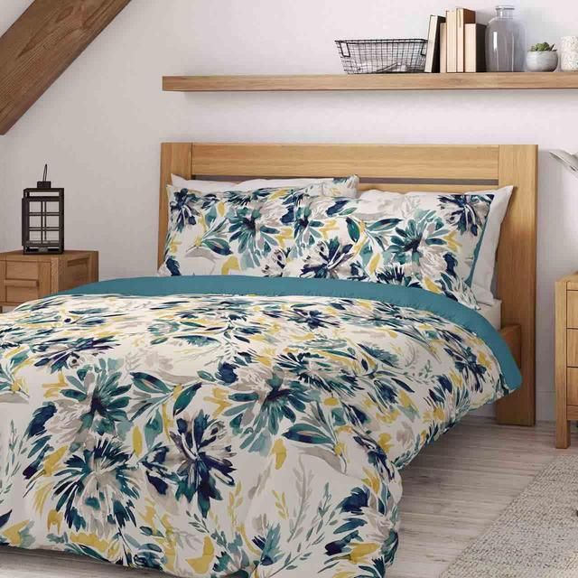 M&amp;amp;S Pure Cotton Watercolour Floral Bedding Set Teal